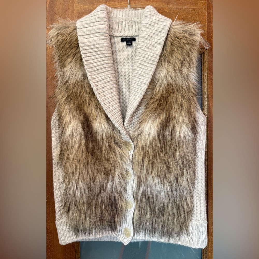 Ann Taylor Women's Merino Wool Blend Beige Tan Faux Fur Vest Jacket Shawl Sm